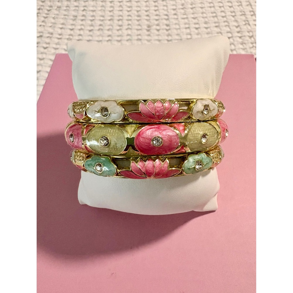 Vintage JTF Signed Bangle Bracelet 3 Stack Gold Tone Hinged
Lotus Floral Enamel
